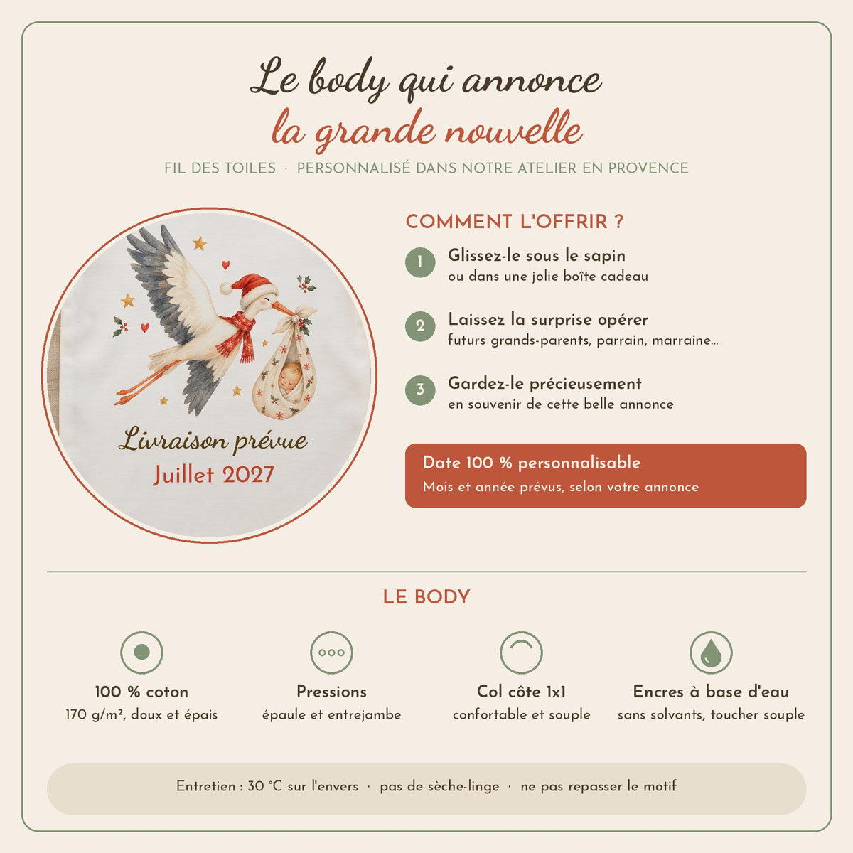 Infographie Fil des Toiles : comment offrir le body sous le sapin, date personnalisable, body 100 % coton 170 g/m² avec pressions, encres à base d'eau sans solvants, entretien à 30 °C