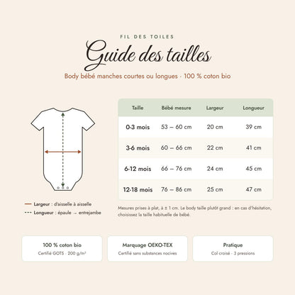 Guide des tailles du body bébé Fil des Toiles, de 0-3 mois à 12-18 mois, avec largeur et longueur en cm