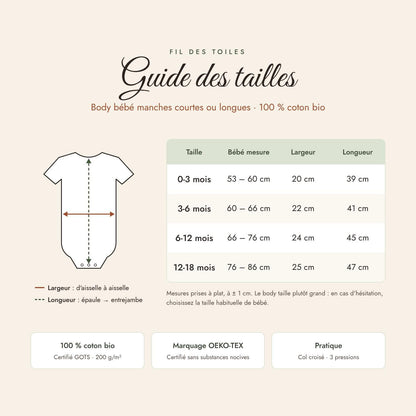 Guide des tailles du body bébé Fil des Toiles : tailles 0-3 mois à 12-18 mois avec stature de bébé, largeur et longueur en cm, 100 % coton bio et marquage OEKO-TEX