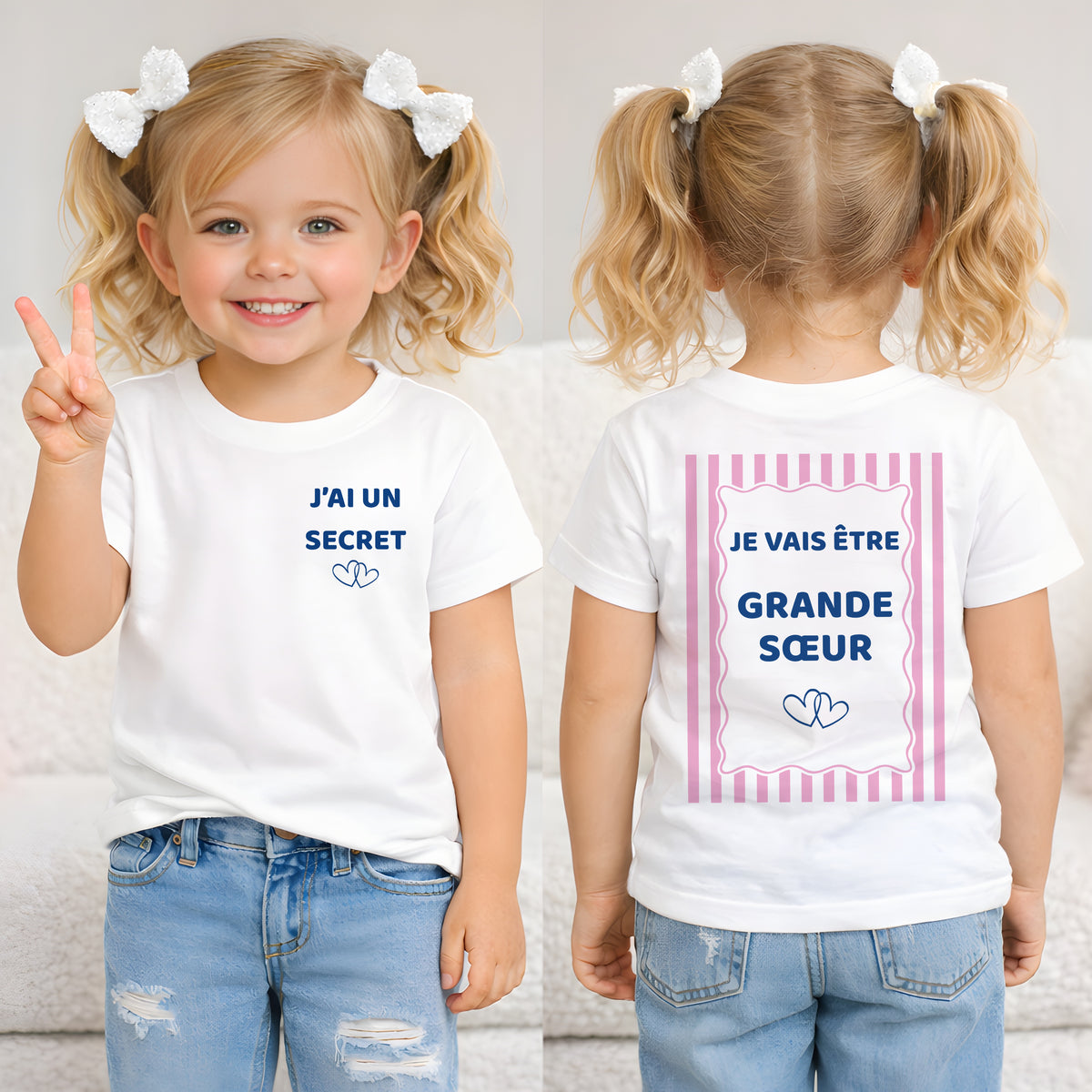 Petite fille portant le t-shirt future grande sœur rayures roses avec l'inscription J'ai un secret, annonce de grossesse