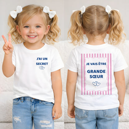 T-shirt enfant future grande sœur rayures roses - j'ai un secret