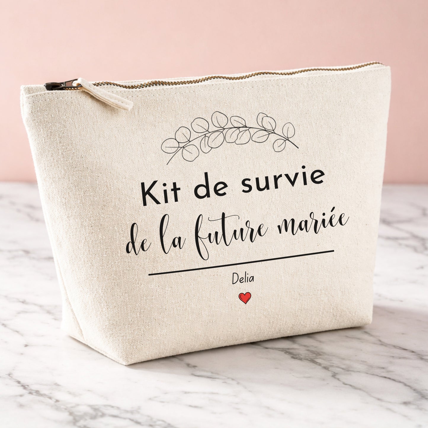 Trousse kit de survie future mariée personnalisée avec motif branche eucalyptus