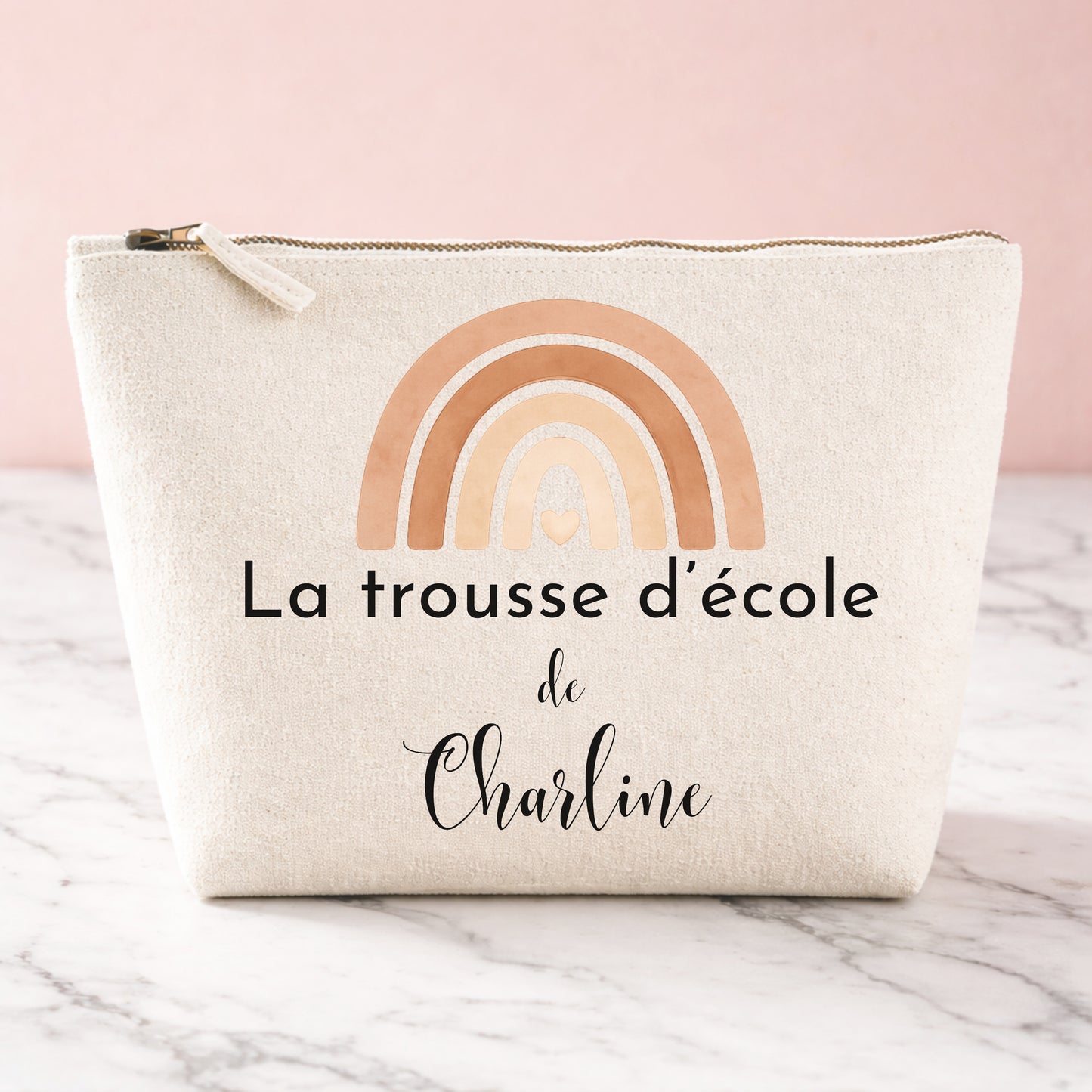 Trousse d'école personnalisée en coton avec arc-en-ciel bohème terracotta et prénom, cadeau de rentrée