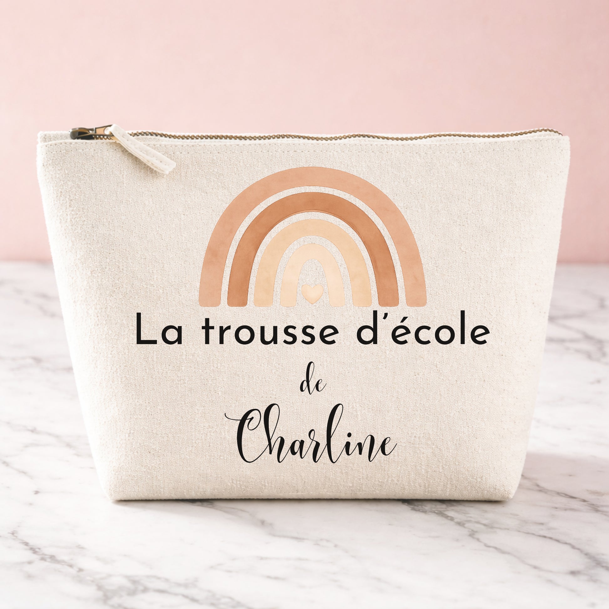 Trousse d'école personnalisée en coton avec arc-en-ciel bohème terracotta et prénom, cadeau de rentrée