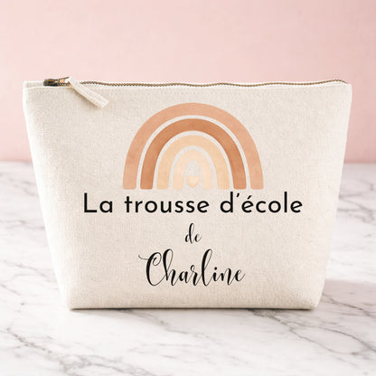 Trousse d'école personnalisée en coton avec arc-en-ciel bohème terracotta et prénom, cadeau de rentrée