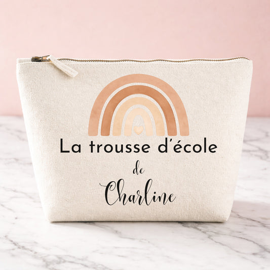 Trousse d'école personnalisée en coton avec arc-en-ciel bohème terracotta et prénom, cadeau de rentrée