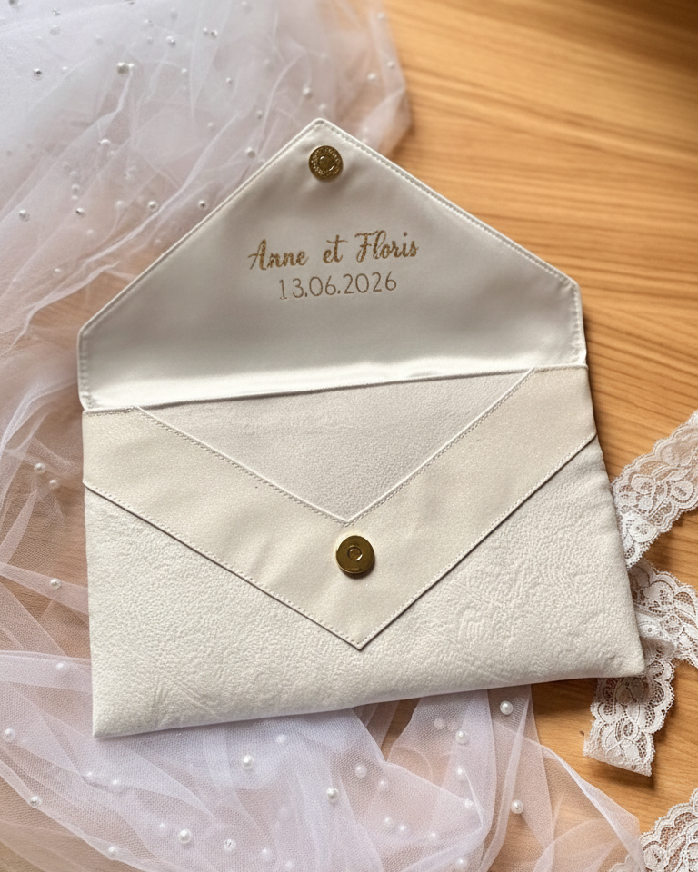 Pochette mariée blanche et paillettes blanches, personnalisée 