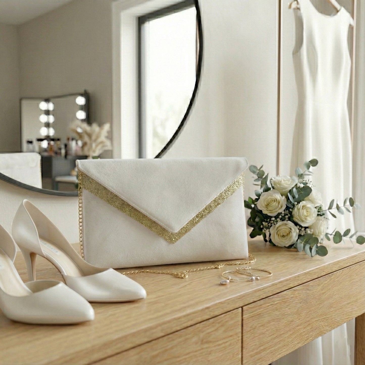 Pochette mariage format enveloppe blanche et dorée en suédine, paillettes dorées avec chaîne dorée dans une scène de préparatifs mariage