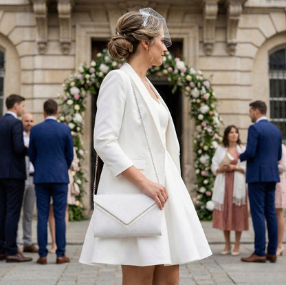 Pochette de mariée en suédine et paillettes blanche avec chaîne portée pour un mariage civil