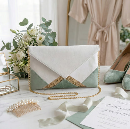 sac pochette mariage en suédine blacnhe et velours vert sauge  posée sur une table avec accessoires mariage
