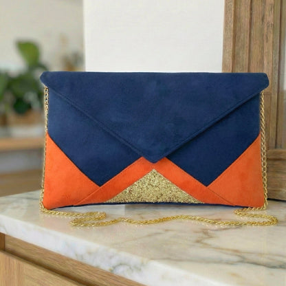 Pochette  mariage bleu marine et orange, paillettes dorées avec chaîne 