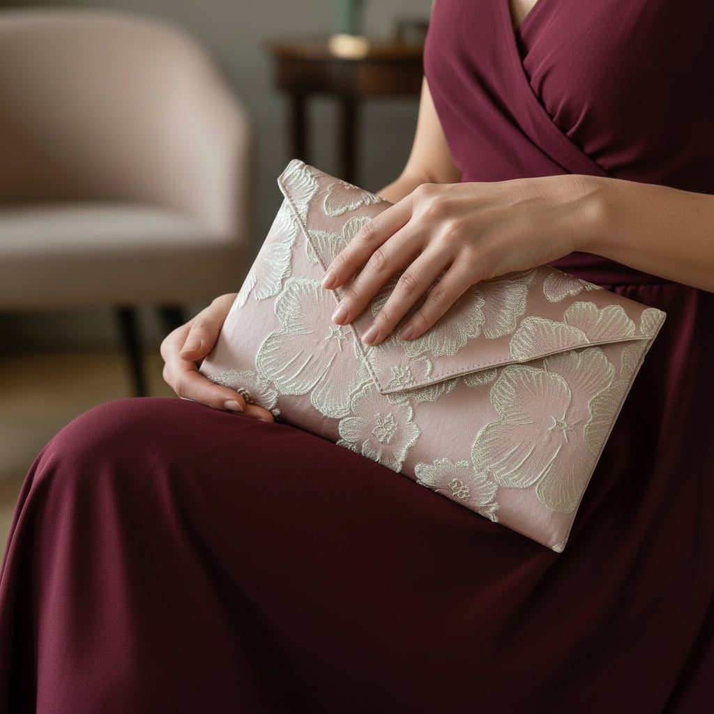Pochette de soirée rose poudré portée avec une robe bordeaux mariage