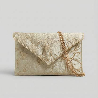 Pochette mariage tissu brocart fleuri doré et champagne avec chaîne bandoulière