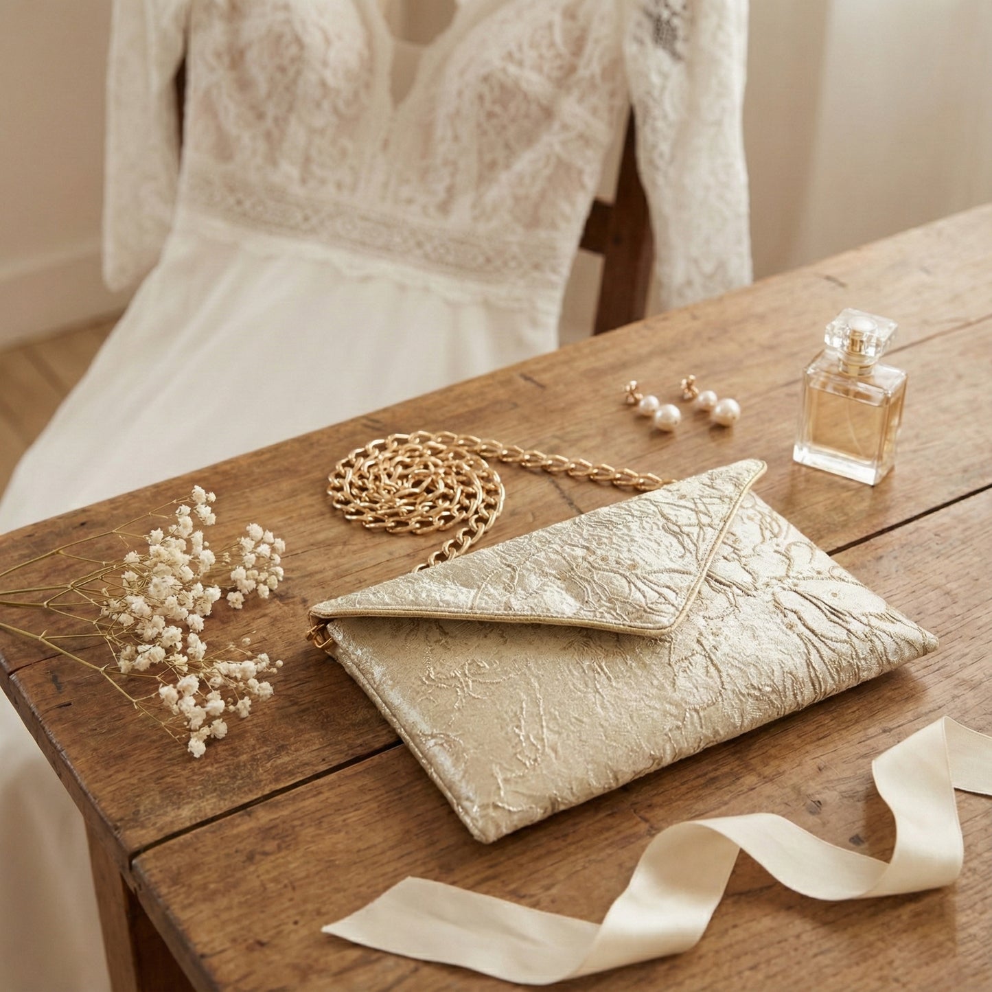 pochette mariage champagne en tissu brocart lors de préparatifs mariage