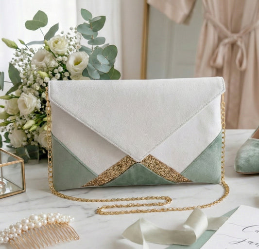 Pochette blanche et vert sauge, paillettes dorées posée sur une table avec bouquet d'eucalyptus et chaussures vert sauge dans le cadre de préparatifs mariage