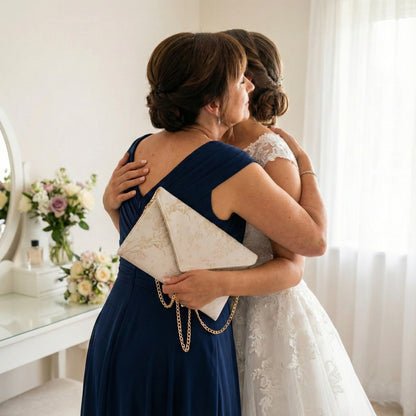 Étreinte émouvante entre mère et fille, gros plan sur une pochette de mariage ivoire fleurie