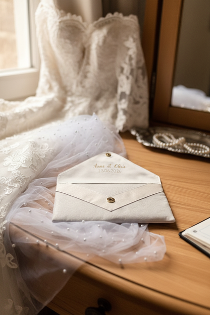 accessoires mariage posés sur une table ( robe, pochette blanche, collier de perles, voile de mariée )