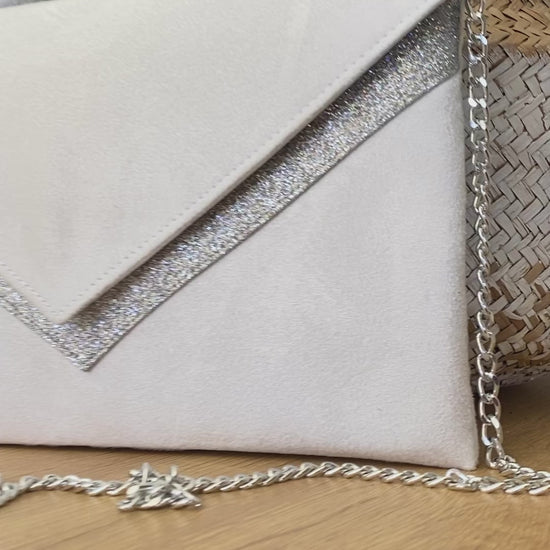 Sac pochette mariée blanc et paillettes argentées