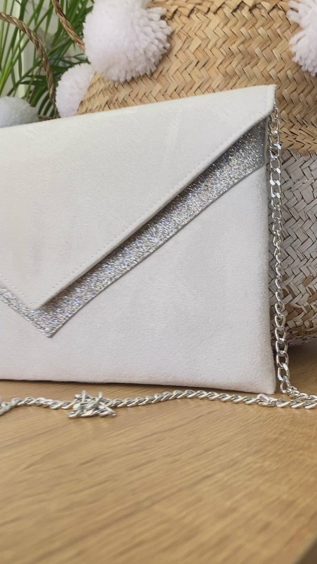 Sac pochette mariée blanc et paillettes argentées