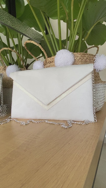 Pochette mariée blanche en suédine et paillettes blanches