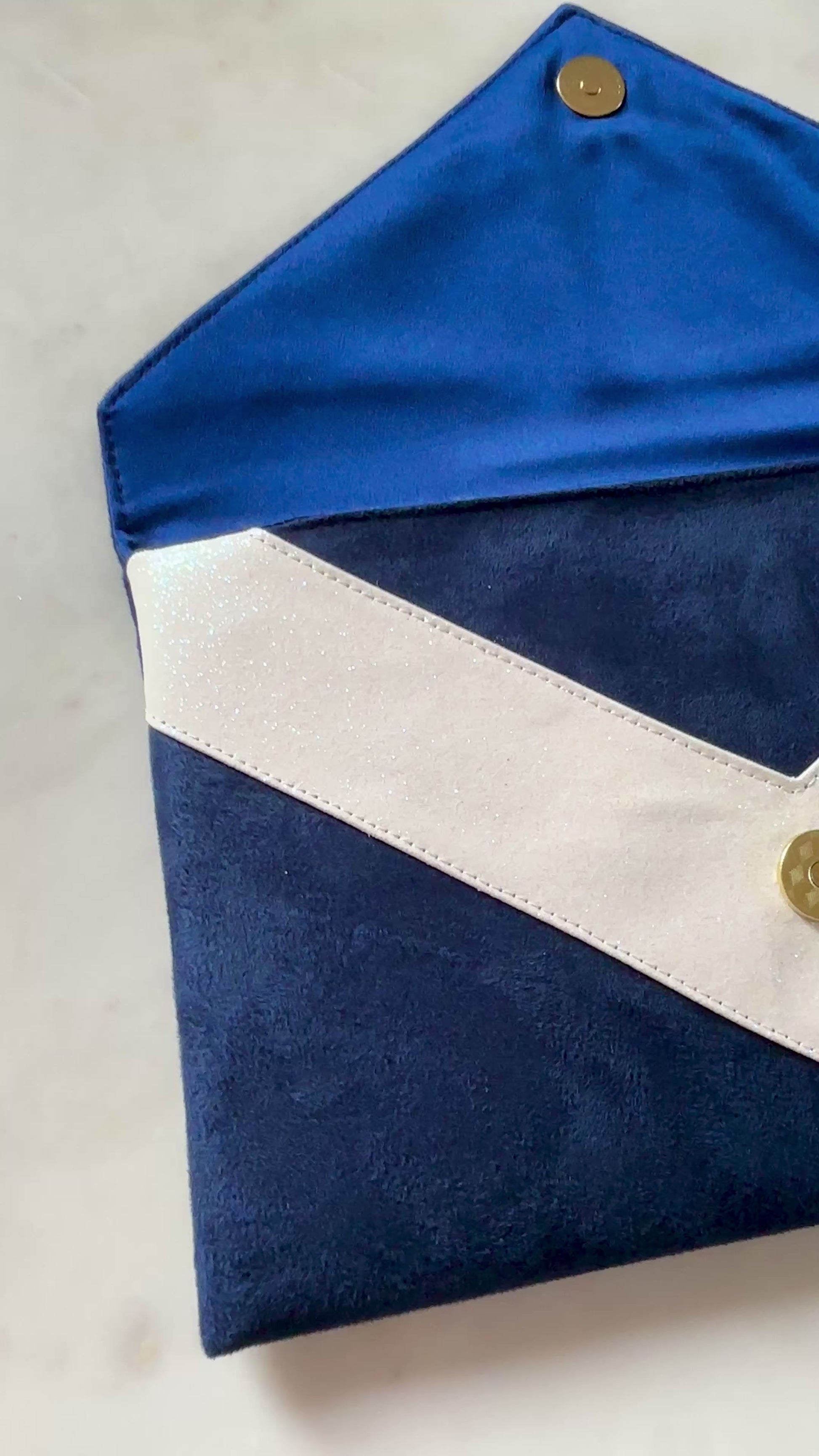 sac pochette mariage bleu marie et paillettes ivoire fabriquée en France