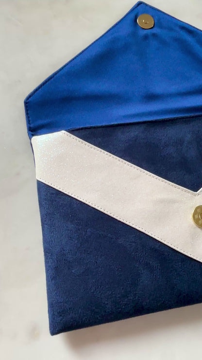 sac pochette mariage bleu marie et paillettes ivoire fabriquée en France