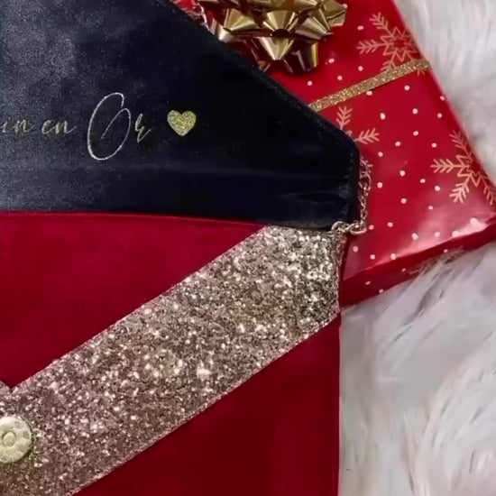 Pochette rouge et paillettes dorées idéales pour réveillon Noël et nouvel an