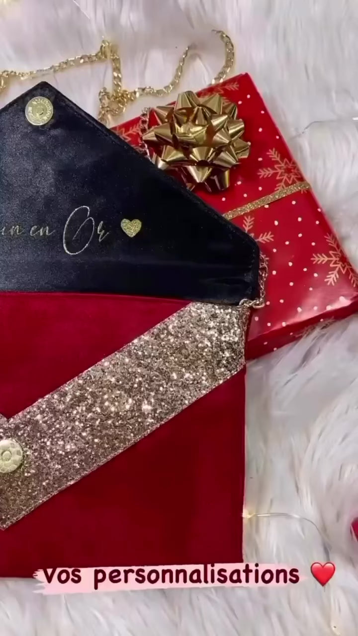Pochette rouge et paillettes dorées idéales pour réveillon Noël et nouvel an