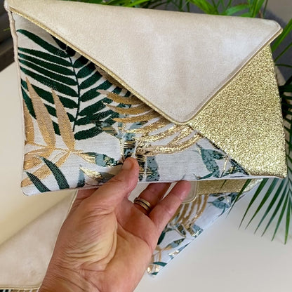 Sac pochette mariage écru, verte idéale pour mariage thème tropical chic