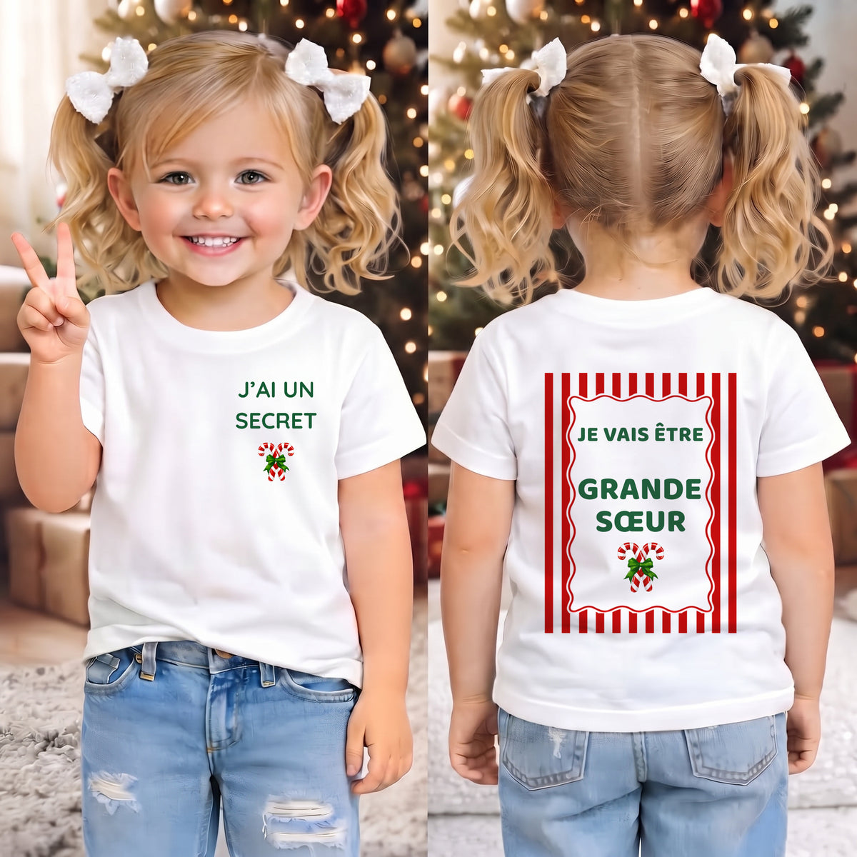 Tee-shirt enfant annonce grossesse de Noël « J'ai un secret » / « Je vais être Grande Sœur », porté devant un sapin