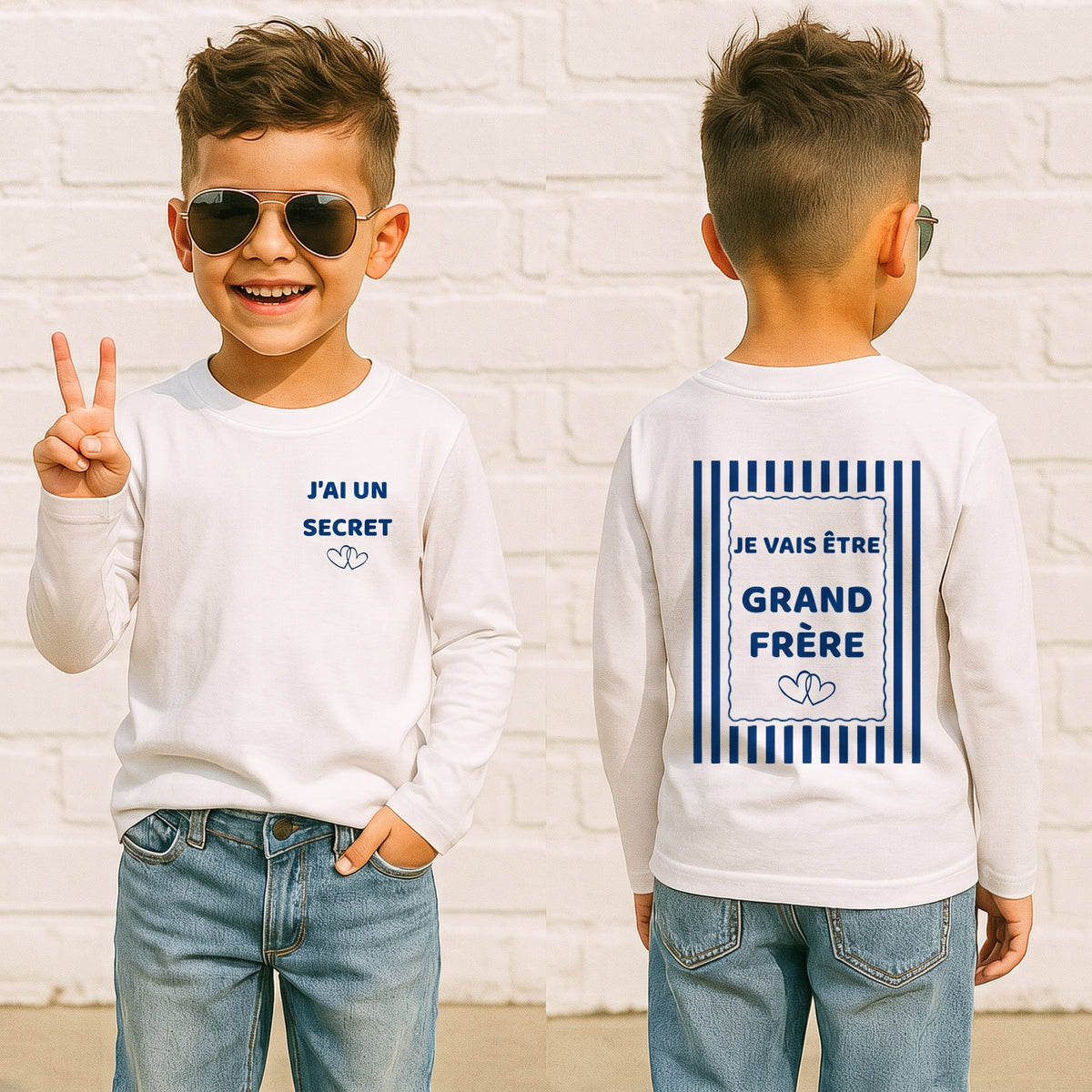 T-shirt annonce grossesse : j'ai un secret, je vais être grand frère, manches longues, rayures bleu marine