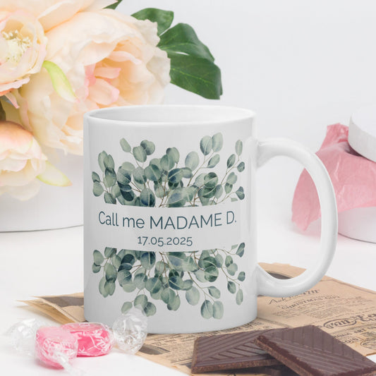 Mug personnalisé mariage eucalyptus - Cadeau mariée et témoins mariage