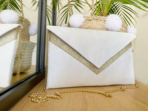 Fil des toiles pochette mariage avec rabat blanche et dorée