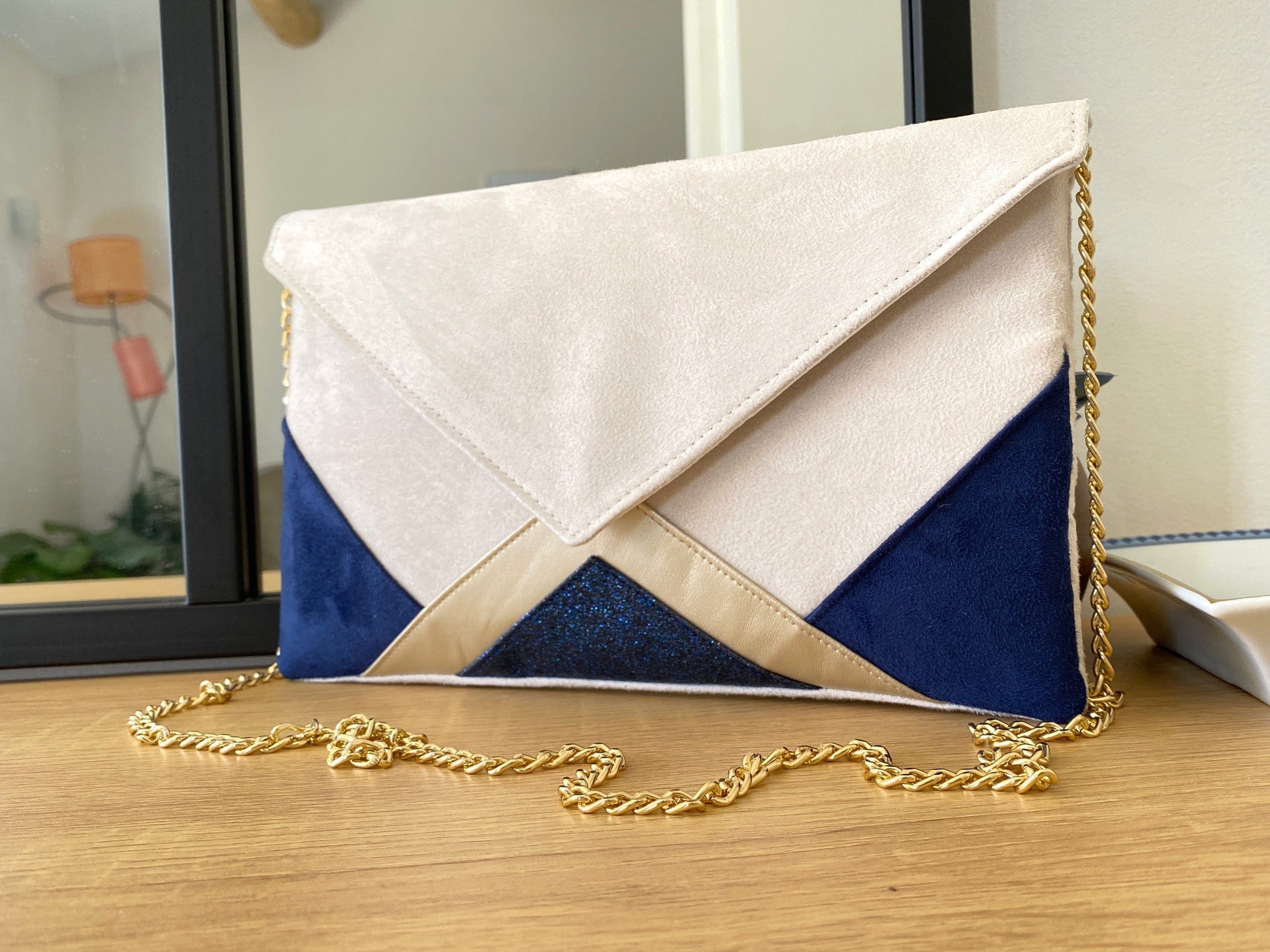 Pochette mariage cru bleu marine et dor e Fil des toiles