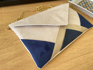 Fil des toiles Pochette mariage écru, bleu marine et dorée