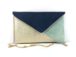 Fil des toiles pochette Pochette cérémonie mariage bleu marine et vert clair et doré Pochette de soirée bleu marine et vert clair et simili cuir doré clair avec chaîne