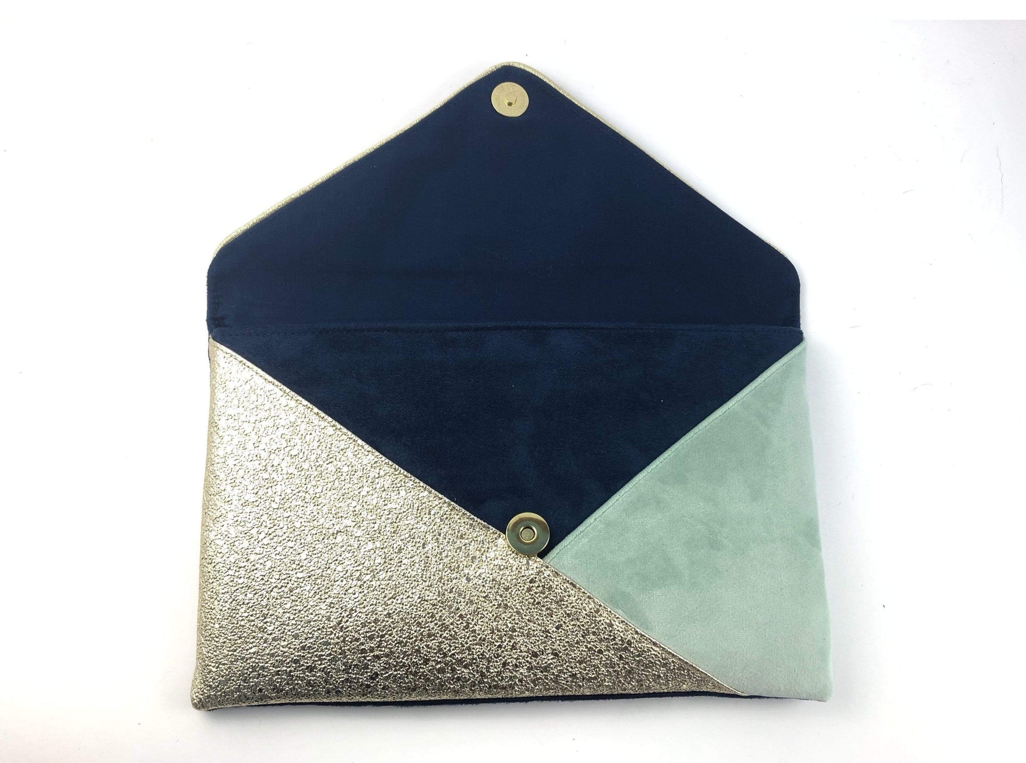 Fil des toiles pochette Pochette cérémonie mariage bleu marine et vert clair et doré Pochette de soirée bleu marine et vert clair et simili cuir doré clair avec chaîne