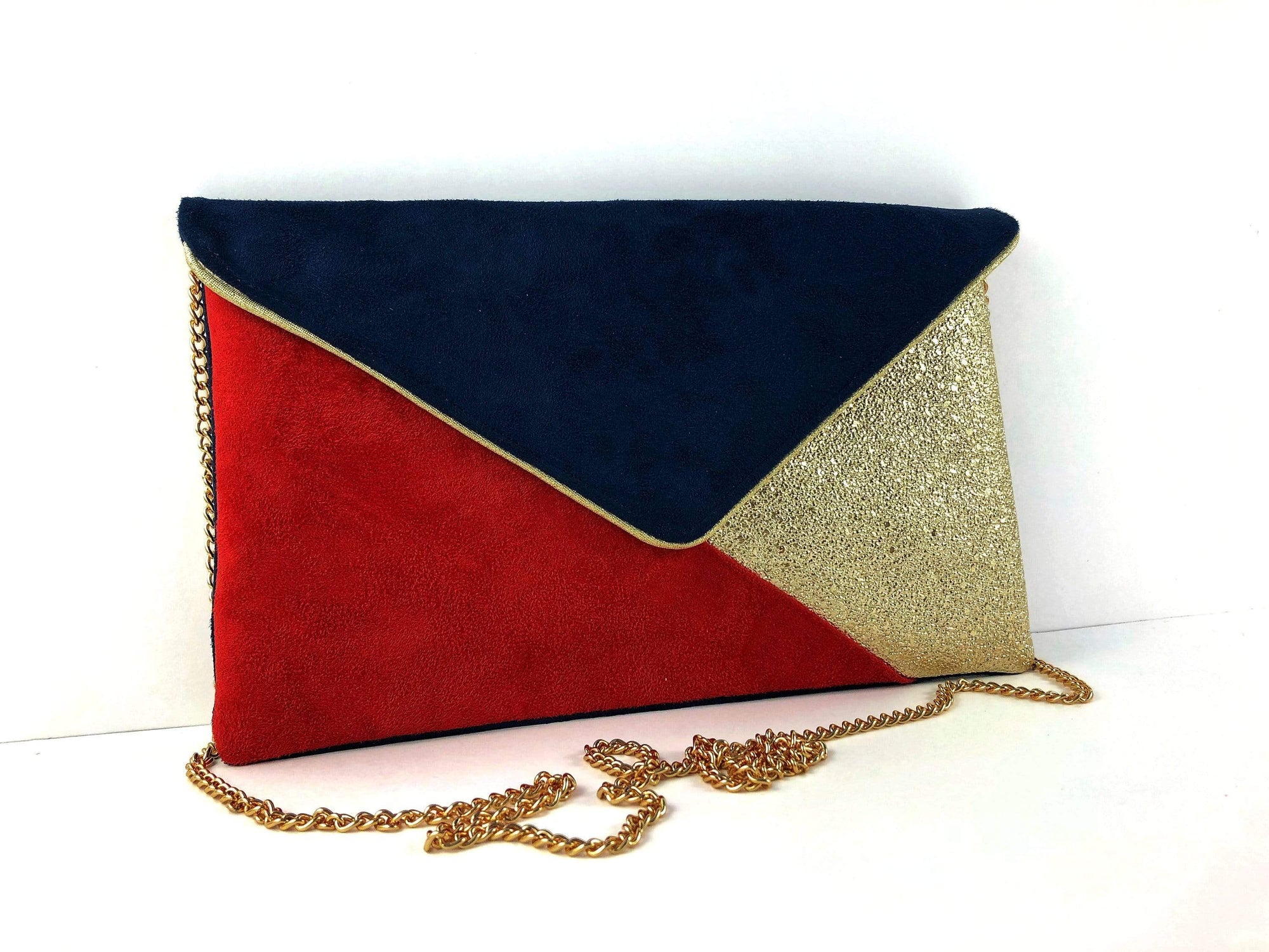 Fil des toiles Pochette Pochette de soirée mariage bleu marine et rouge, simili cuir doré clair