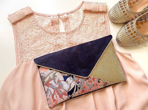 Fil des toiles Pochette Pochette de soirée noire, tissu jacquard fleurs et simili cuir doré