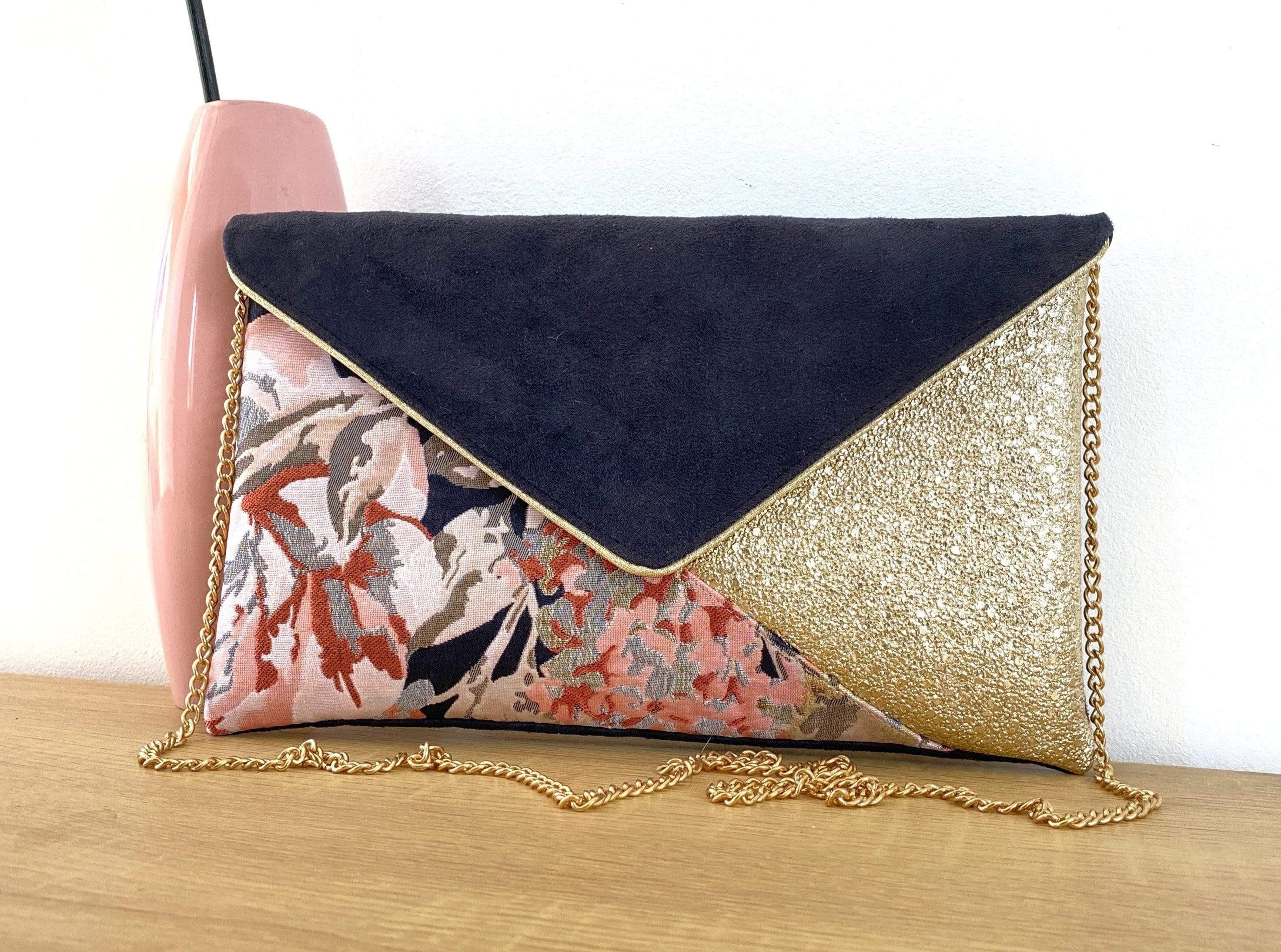 Pochette enveloppe femme noire tissu jacquard fleurs et simili cuir d Fil des toiles