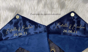 Fil des toiles pochette Pochette mariage bleu marine et rose clair poudré et simili cuir doré clair