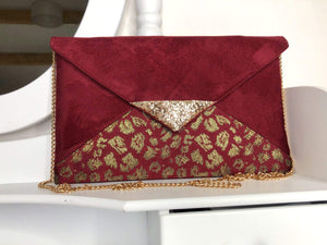 Fil des toiles Pochette Pochette mariage bordeaux et doré avec tissu jacquard motif léopard