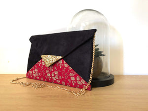 Fil des toiles Pochette Pochette mariage noire en Liberty of London Capel rouge, paillettes dorées avec chaîne