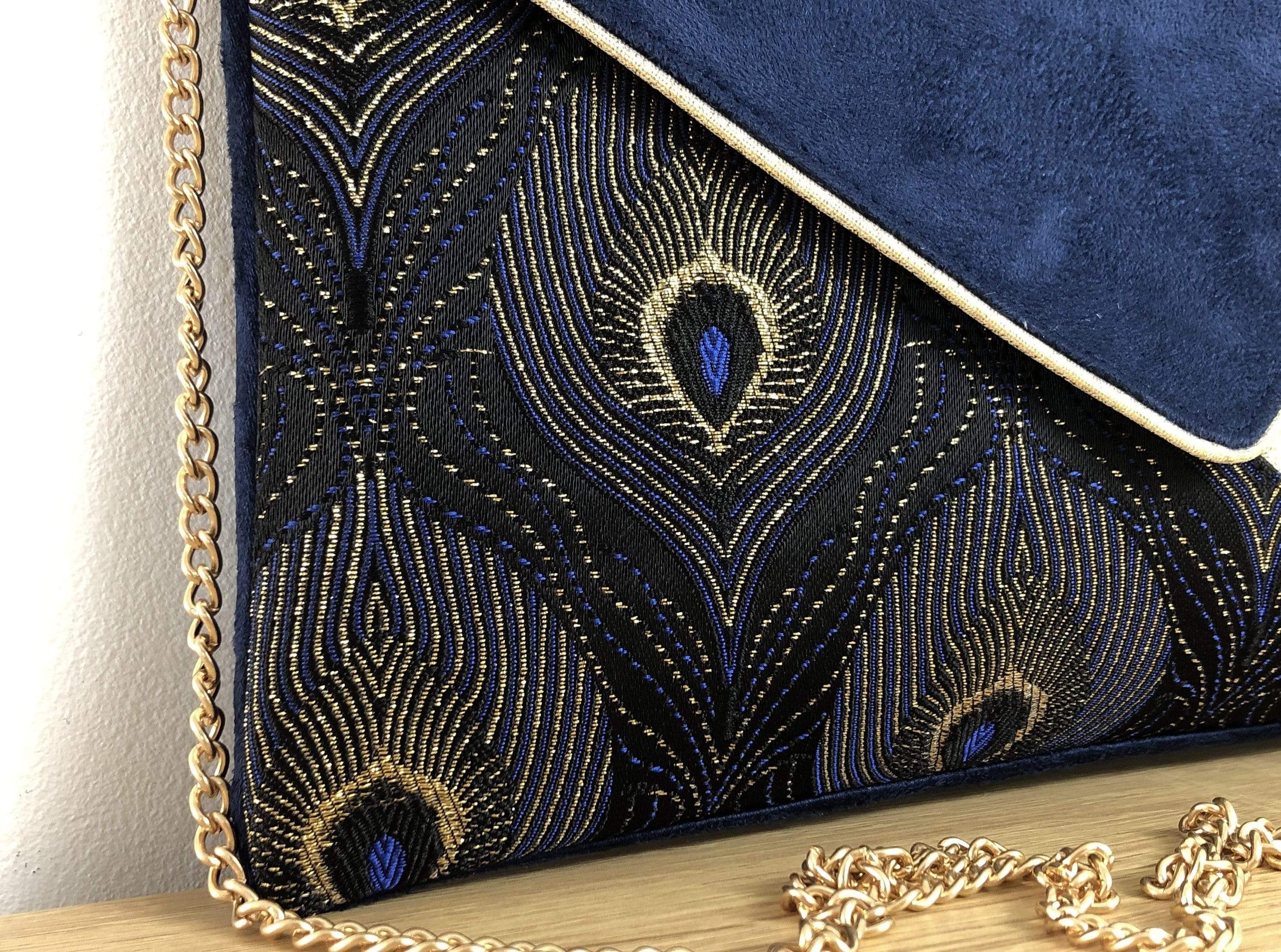 Sac pochette femme bleu marine avec tissu jacquard motif queue de