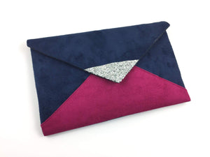 Fil des toiles Pochette Sac pochette bleu marine et rose fushia en suédine paillettes argentées
