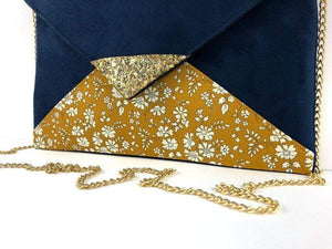 Fil des toiles Pochette Sac pochette bleu marine Liberty of London Capel moutarde et paillettes dorées