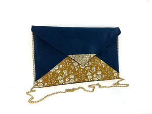 Fil des toiles Pochette Sac pochette bleu marine Liberty of London Capel moutarde et paillettes dorées