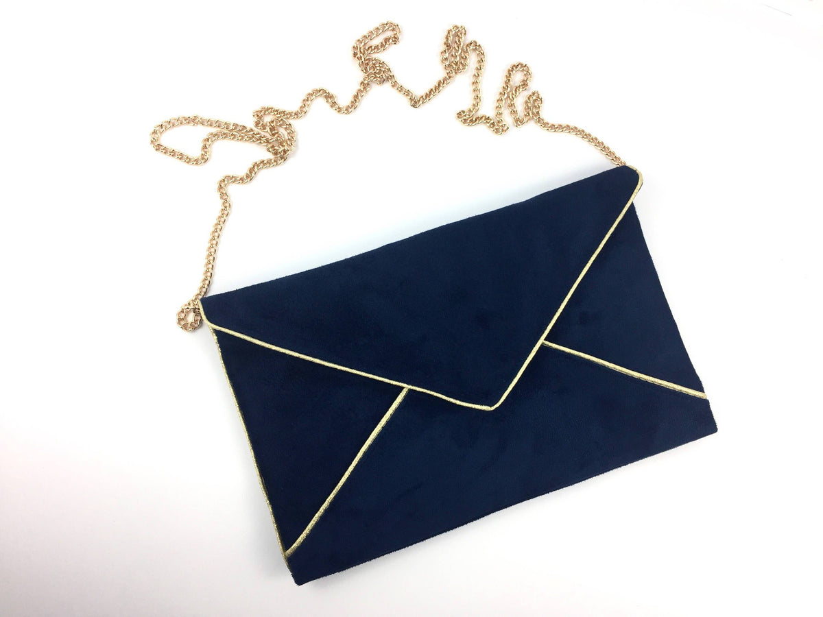 Pochette De Soirée En Daim Synthétique Style Enveloppe - Bleu Marine, Taille Medium Pour Mariage