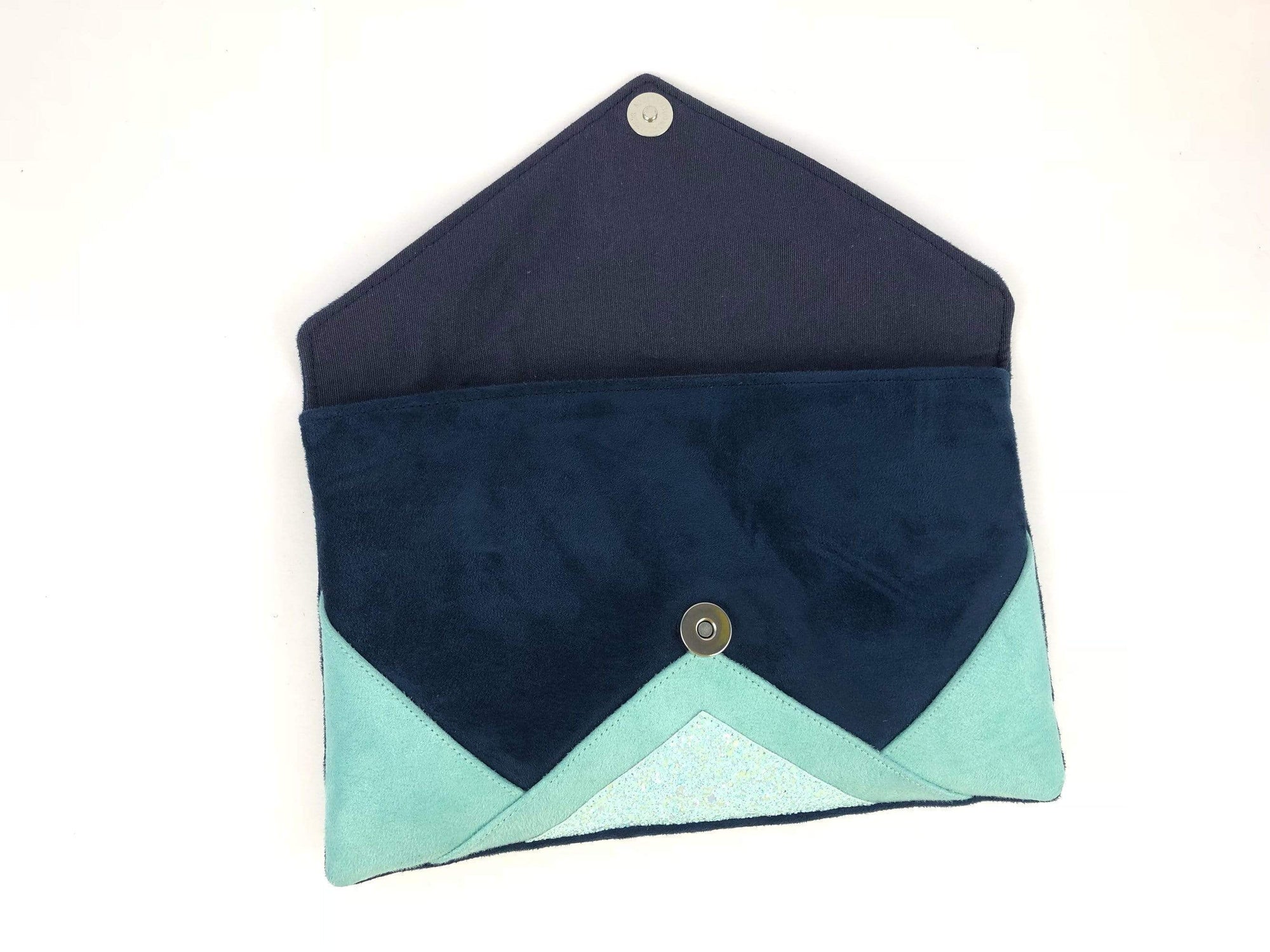 Fil des toiles Pochette Sac pochette de soirée  bleu marine , vert menthe, et paillettes vert d'eau