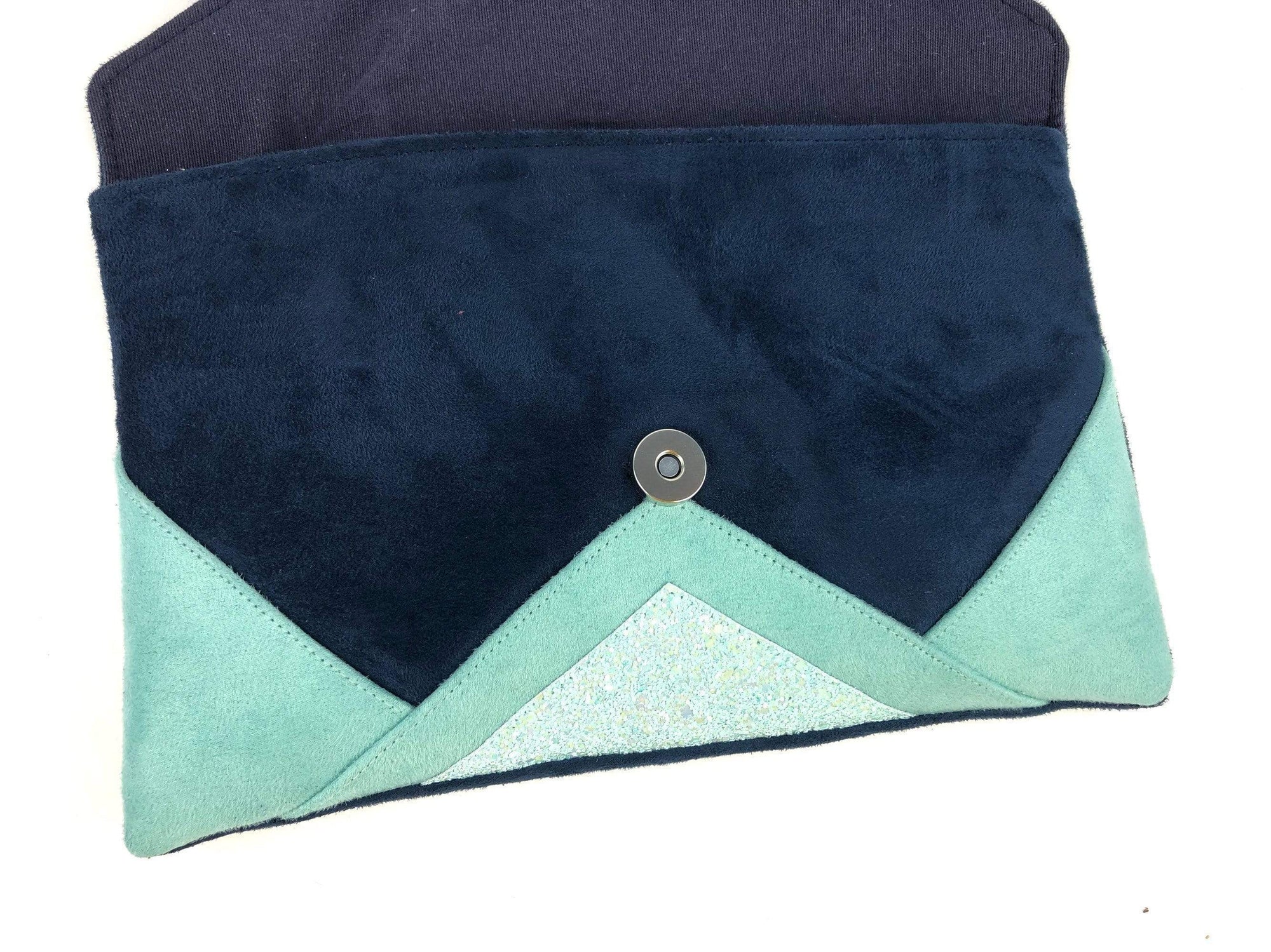 Fil des toiles Pochette Sac pochette de soirée  bleu marine , vert menthe, et paillettes vert d'eau